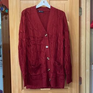 Women's Red Cable Knit Cardigan Sweater